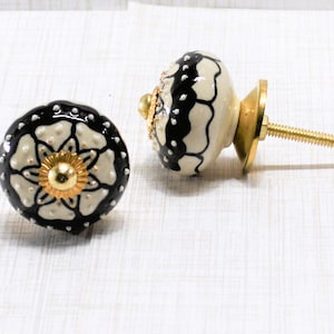 Black Ornate Knob, Floral Drawer Pull, Golden Ceramic Hardware