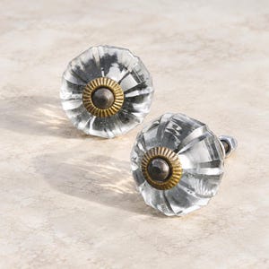May include: Two clear glass cabinet knobs with a faceted, multi-sided design. Each knob features a central circular brass-toned metal accent with a ridged edge and a dark center, attached to a threaded metal bolt with a small nut.