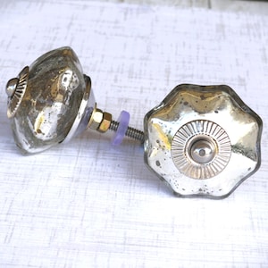 May include: Two decorative cabinet knobs with a mercury glass finish. One knob is oval-shaped, and the other is a starburst design. Each knob has a silver metal base and a brass nut. A purple washer is visible.