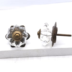 May include: Two clear crystal cabinet knobs with brass and dark metal accents. One knob is in the shape of a flower, and the other is a faceted crystal with a decorative backplate and screw.