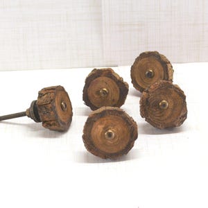 May include: A collection of five rustic wooden cabinet knobs. Each knob features a natural wood slice design with a brass-colored center. The knobs are ideal for adding a touch of nature-inspired decor to furniture.