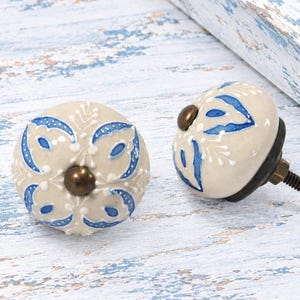 Blue and Cream Flower knob, Star Jasmine Drawer Pull, Furniture hardware