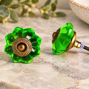 Green scallop knob, Glass melon drawer pull, Antique bronze floral hardware