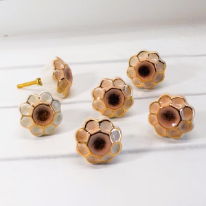 Gold Trimmed Floral Crackle knob Pink Center, Ceramic Furniture drawer pull