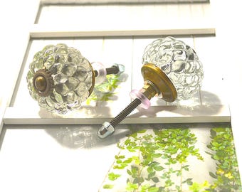 May include: Two clear glass door knobs with a textured, faceted design. Each knob has a brass base and a threaded rod with a nut and washer. The knobs are set against a white background with a green leafy pattern.