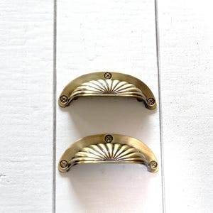 Antique brass scalloped cup pull, 2 1/2" Inch Centers door handle, Kitchen Cabinet Hardware