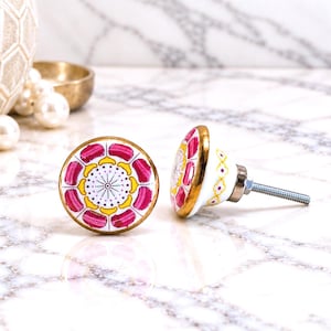 May include: Two round ceramic cabinet knobs featuring a white base with a vibrant floral pattern in magenta and yellow. The knobs have a gold-toned rim and a metal screw attachment. One knob is shown from the front, while the other is side-on.