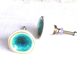 Turquoise Crackle knob, Sea glass drawer pull, Ceramic dresser handle