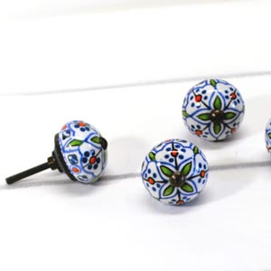 May include: A collection of decorative ceramic cabinet knobs. Each knob features a white base with a blue floral pattern, accented with green leaves and red dots. The knobs have a round shape and a metal screw for installation.