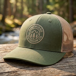 May include: An olive green baseball cap with a tan mesh back. The front panel features a circular embroidered patch with the text PINE RIDGE OUTDOOR CO. surrounding a graphic of mountain peaks and pine trees in a matching tan thread color.