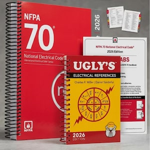 May include: A collection of electrical reference books, including the "NFPA 70 National Electrical Code 2026 Edition" and "Ugly's Electrical References 2026 Edition." The books are red and yellow with black and white text and diagrams.