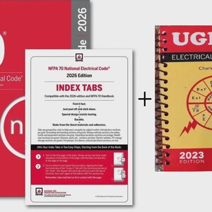 May include: A collection of electrical reference materials, including the NFPA 70 National Electrical Code 2026 Edition, index tabs, and Ugly's Electrical References 2023 Edition. The books are red and yellow with white text and graphics.