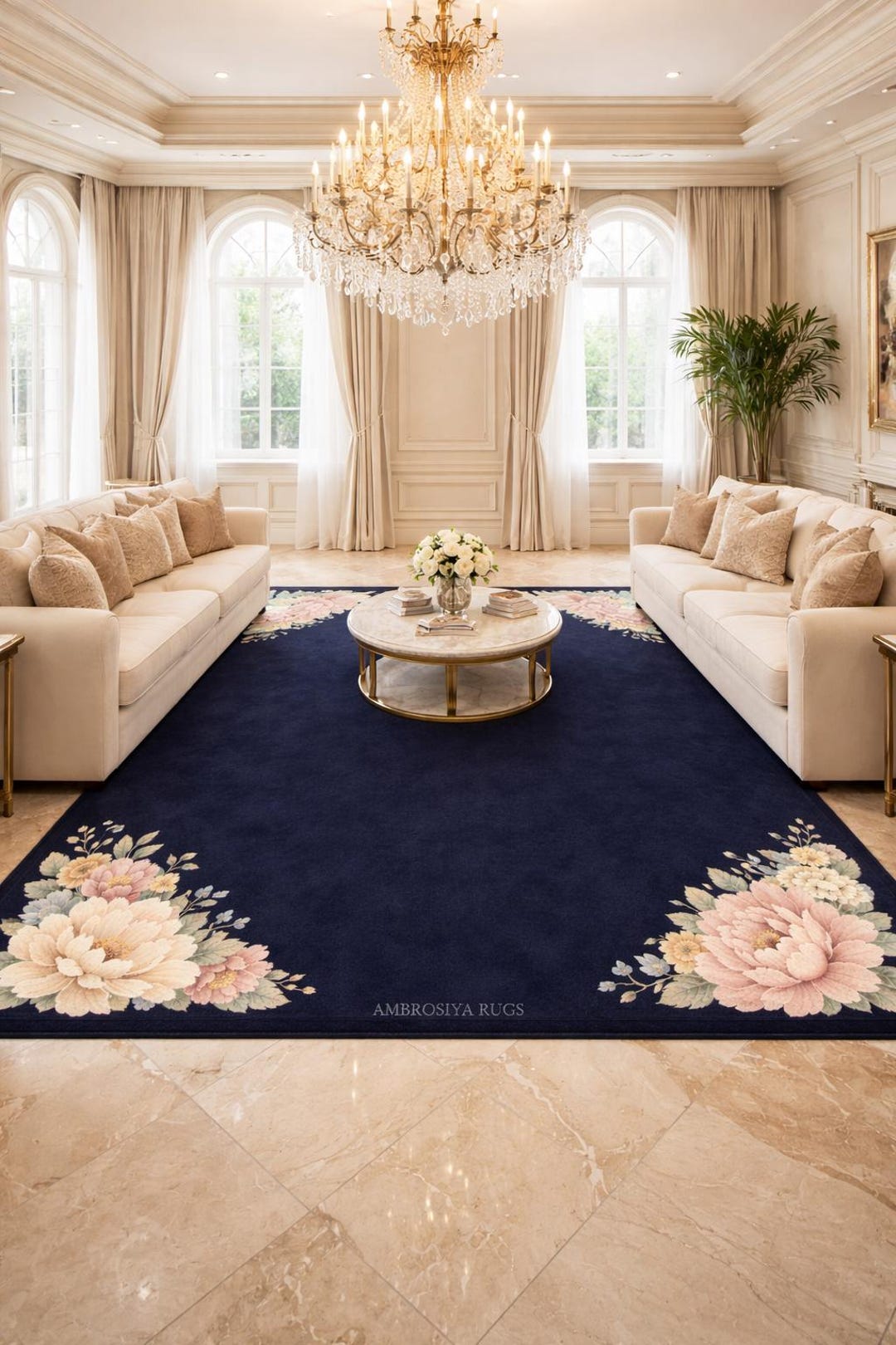 Hand Tufted Navy Blue Floral Area Rug, Vintage Botanical Carpet ...