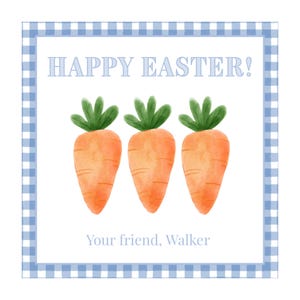 May include: A square card with a blue and white gingham border. The card features the text "HAPPY EASTER!" above three watercolor carrots with green tops. Below the carrots, the text reads "Your friend, Walker."