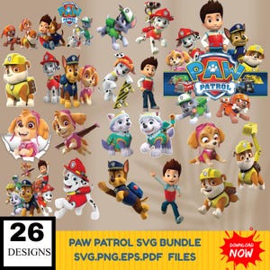 Könnte beinhalten: Eine Sammlung von 26 Paw Patrol SVG-Designs mit Zeichentrickfiguren in verschiedenen Posen. Das Bild enthält das Paw Patrol-Logo und den Text "Paw Patrol SVG Bundle SVG.PNG.EPS.PDF Files". Ein roter "Download Now"-Button ist ebenfalls vorhanden.