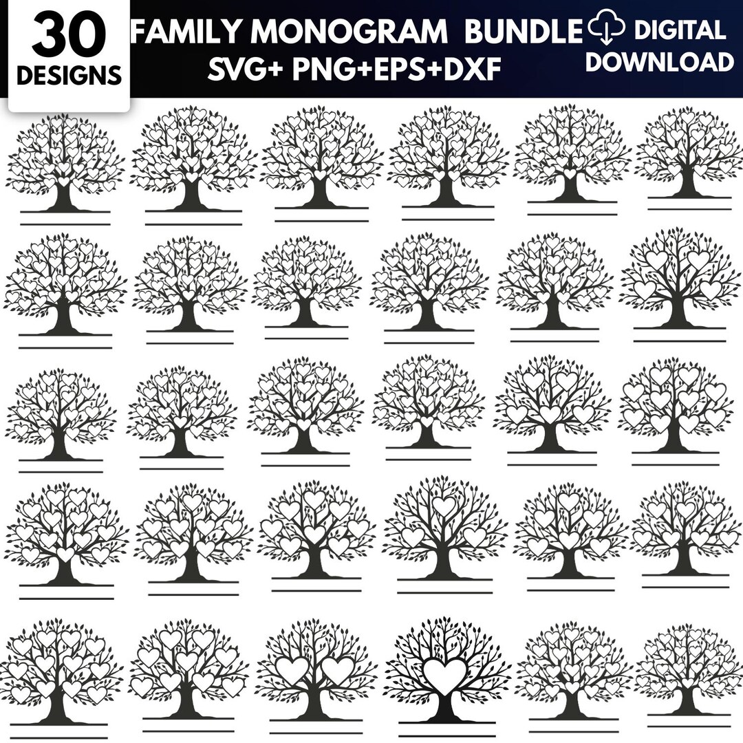 Tree Monogram 30 Family Monogram Tree SVG Bundle, Floral Frame, Cutting Board Designs ...