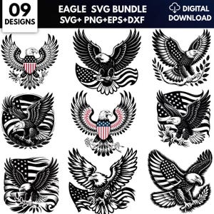 May include: An eagle SVG bundle featuring nine designs. The designs include detailed illustrations of eagles with spread wings, American flags, and patriotic elements. The images are in black and white, with some designs incorporating red, white, and blue.
