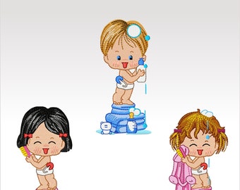 Baby Machine Embroidery Design - Bathtime Kids Set of 3 - 4x4" hoop.