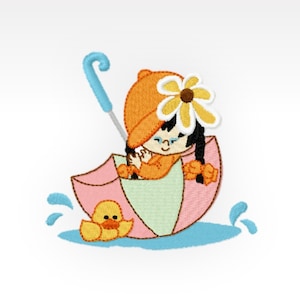 Niña - Diseño de bordado a máquina - Niña en un día lluvioso 3 - 4x4"