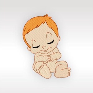 May include: A cartoon illustration of a baby with orange hair sleeping with its arms crossed and eyes closed.
