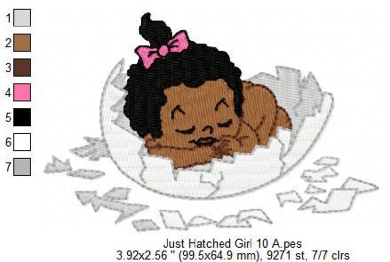 May include: Embroidered design of a baby girl with brown skin, black hair, and a pink bow, sleeping in a broken eggshell. The design is 3.92 inches by 2.56 inches and uses 7 colors.