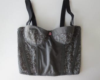 Vintage Italian 00s Intimissimi Corset Bustier Top, Lace Overlay, Boned Paneling, Thick Straps