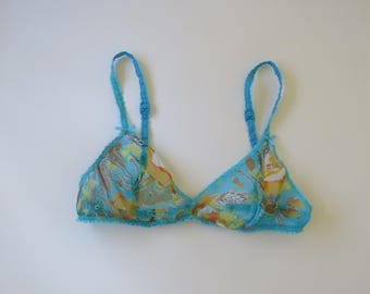 Vintage Italiaanse La Perla blauwe bralette met bloemen - 'Exotique'-collectie jaren '00, turquoise tropische mesh