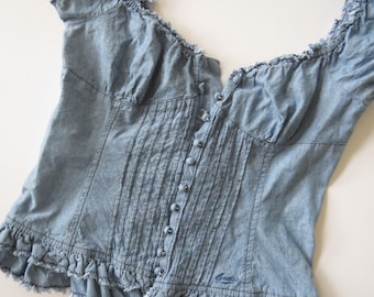 Vintage Guess denim bustiertop, jaren '00 melkmeisje-stijl met veters