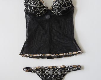 Vintage Italiaanse Intimissimi-bustier + stringset - goud- en zilverborduurwerk 2005