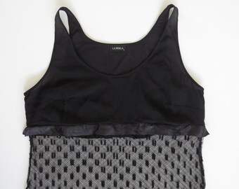 Vintage La Perla Silk & Tulle Polka Dot Black Chemise Italy