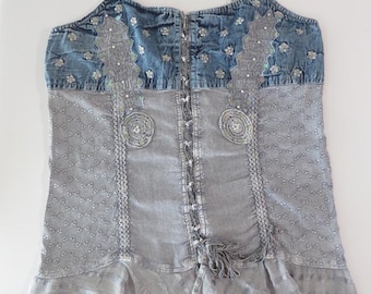 Caraco corset brodé Jean Paul Positano italien vintage, denim technique mixte, paillettes, perles