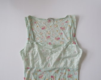 Vintage Italiaans Intimissimi Fiori di Campo-hemdje met wilde bloemen, mint/roze rozenknopjes