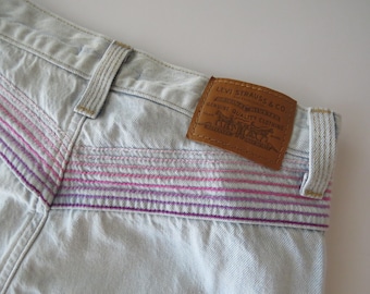 Levi’s Ribcage Straight Ankle Jeans Size 28, Pink & Purple Embroidery Stitching, No Back Pockets