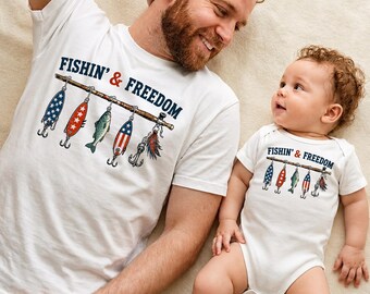 Fishin And Freedom Baby Onesie, 4th Of July Patriotic Fishing Shirt, Matching Daddy And Me Fathers Day Family Outfit Tee Gift