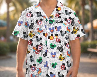 Marvel Superhero Kids Hawaiian Shirt, Disney Inspired Tropical Button Up Shirt, Avengers Theme Park Vacation Outfit for Boys Summer Trip
