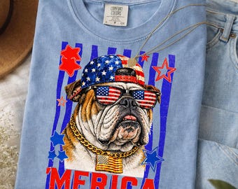 Patriotic Bulldog Shirt, USA Flag Sunglasses Shirt, Funny 4th Of July Dog Graphic Tee, Red White Blue Comfort Colors Summer Vacation Outfit