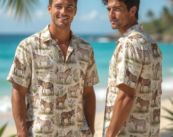 Vintage Farmer Donkey Hawaiian Shirt, Funny Farm Animal Aloha Shirt, Father’s Day Matching Family Outfit, Tropical Vacation Button Up Shirt