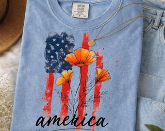 America 250 Years Flag Floral Comfort Colors Shirt, 250th Anniversary Patriotic Tee, Cottagecore USA July 4th Freedom Graphic Gift Shirt