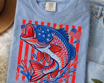 Comfort Colors Patriotic Fish Shirt, USA Flag Bass Fishing Tee, Red White Blue 4th Of July Graphic Shirt, Summer Lake Fishing Outfit Tee