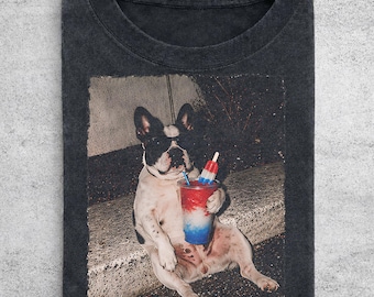 4th Of July French Bulldog Drinking Shirt, Patriotic Slushie Comfort Colors Tee, Funny American Meme Shirt, Red White Blue Dog Graphic Tee