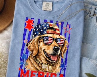 Golden Retriever 'Merica Stripes Shirt, Funny Patriotic USA Dog 4th Of July Tee, Red White Blue Comfort Colors Tee, Independence Day Outfit