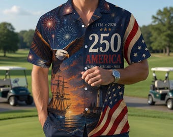 Patriotic Eagle Ship Lighthouse Hawaiian Shirt, 250 America Celebration Button Down, Vintage American Flag Hawaiian Shirt, Gift For Him