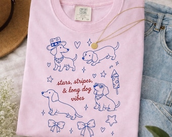 Stars Stripes And Long Dog Vibes Shirt, Less Meanies More Weenies Tee, Funny Dachshund Mom Shirt, Wiener Dog Mama Patriotic Graphic Tee