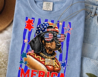 4th Of July Dachshund Hotdog Shirt, Funny Patriotic Wiener Dog Tee, Red White Blue Comfort Colors Graphic Shirt, Independence Day Outfit