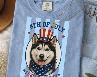 Comfort Colors Patriotic Husky Striped Shirt, 4th Of July America Tee, Funny USA Dog Lover Gift, Freedom Fun Outfit, Red White Blue Outfit