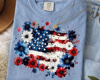 USA 250th Anniversary Flag Floral Shirt, 1776 2026 Tee, Comfort Colors America Freedom Shirt, Patriotic Wildflower July 4th Gift Tee