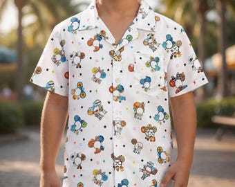 Disney Pixar Character Ears Kids Hawaiian Shirt, Toddler Button Down Camp Shirt, Toy Story Summer Outfit, Theme Park Vacation Aloha Shirt
