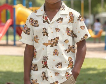 Chip 'n Dale Hawaiian Kids Shirt, Funny Cartoon Tropical Aloha Shirt, Matching Family Vacation Outfit, Summer Beach Button Up Shirt Gift