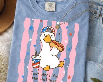 Just Here For The Hotdog Goose Comfort Colors Shirt, Funny 4th Of July Independence Day Tee, Cute Patriotic American Goose Graphic Shirt