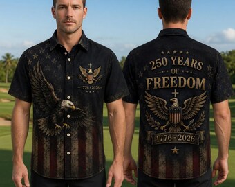 Patriotic Eagle Hawaiian Shirt, American Flag Eagle Shirt, 250 Years Of Freedom Button Up Shirt,USA 1776 2026 Polyester Beach Shirt Gift